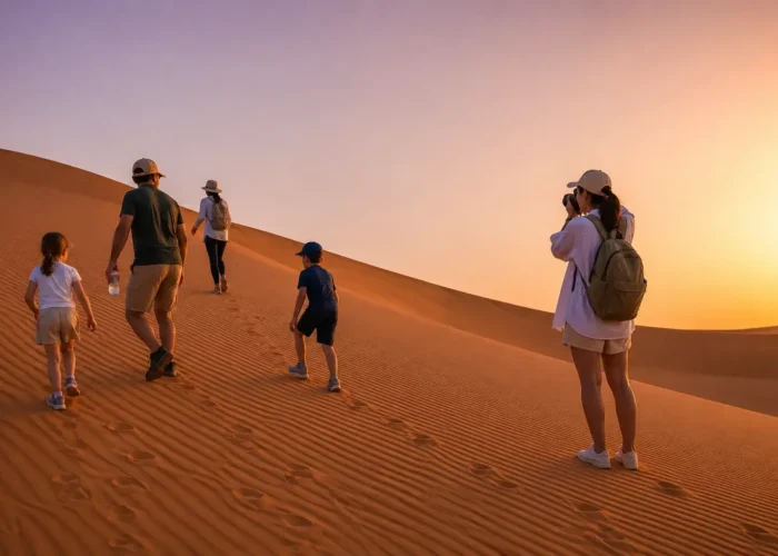 Family walking across the Merzouga Sahara dunes during the 5 Days Fes to Marrakech Desert Tour