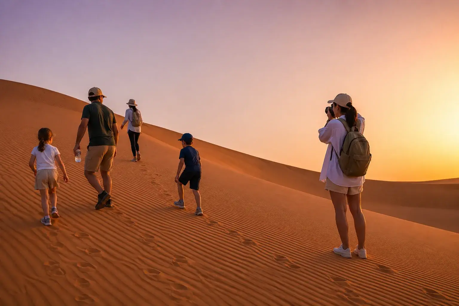 Family walking across the Merzouga Sahara dunes during the 5 Days Fes to Marrakech Desert Tour