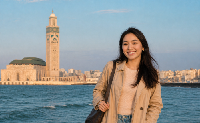 Traveler near Hassan II Mosque in Casablanca during a Morocco tour