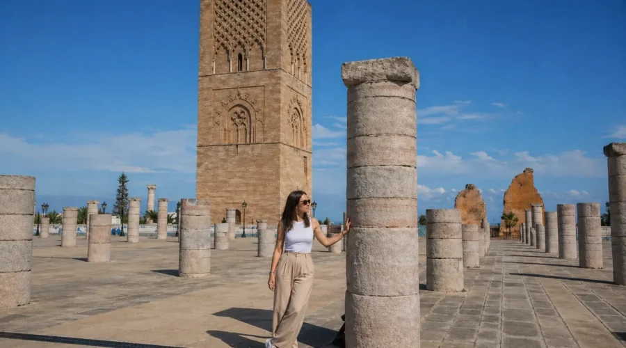 Traveler visiting Hassan Tower in Rabat during a 5 days tour from Casablanca