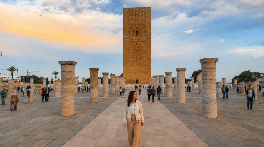 Traveler visiting Hassan Tower in Rabat during a 6 days tour from Casablanca