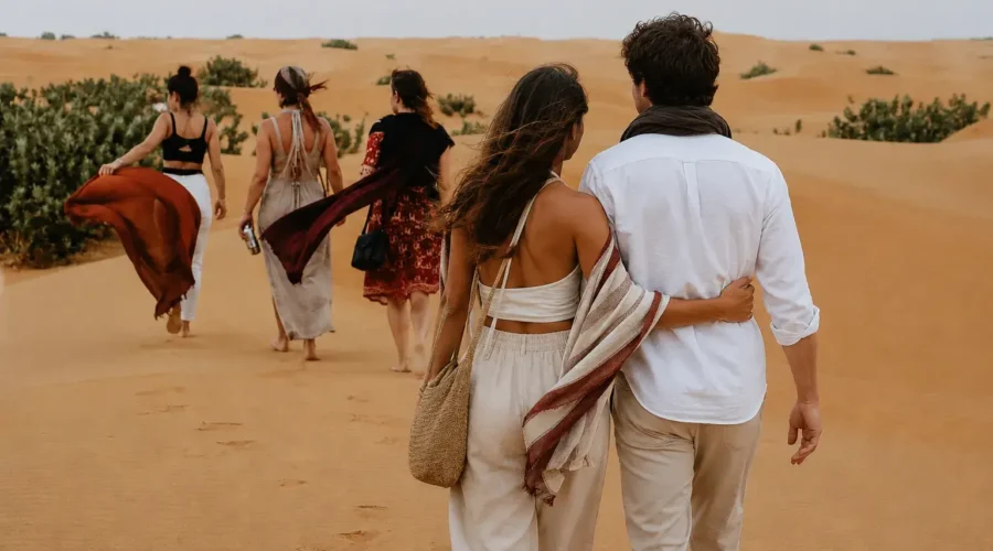 Couple and travelers walking through the dunes of the Merzouga Sahara Desert in Morocco