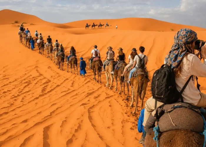 Camel caravan crossing the Sahara Desert dunes in Morocco, 14 Days Tour from Casablanca