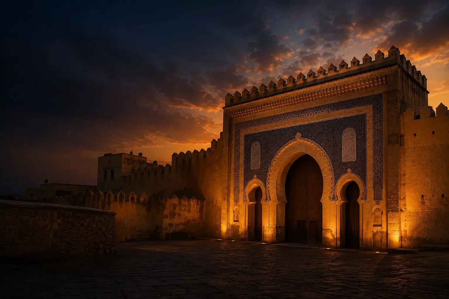 Tours from Fes category image featuring Bab Bou Jeloud gate at sunset