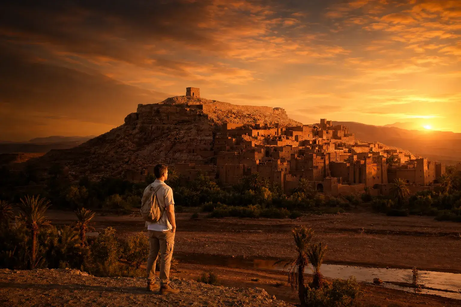 Ait Ben Haddou Day Trip from Marrakech Ait Ben Haddou Day Trip from Marrakech with a traveler overlooking the ancient kasbah at sunset