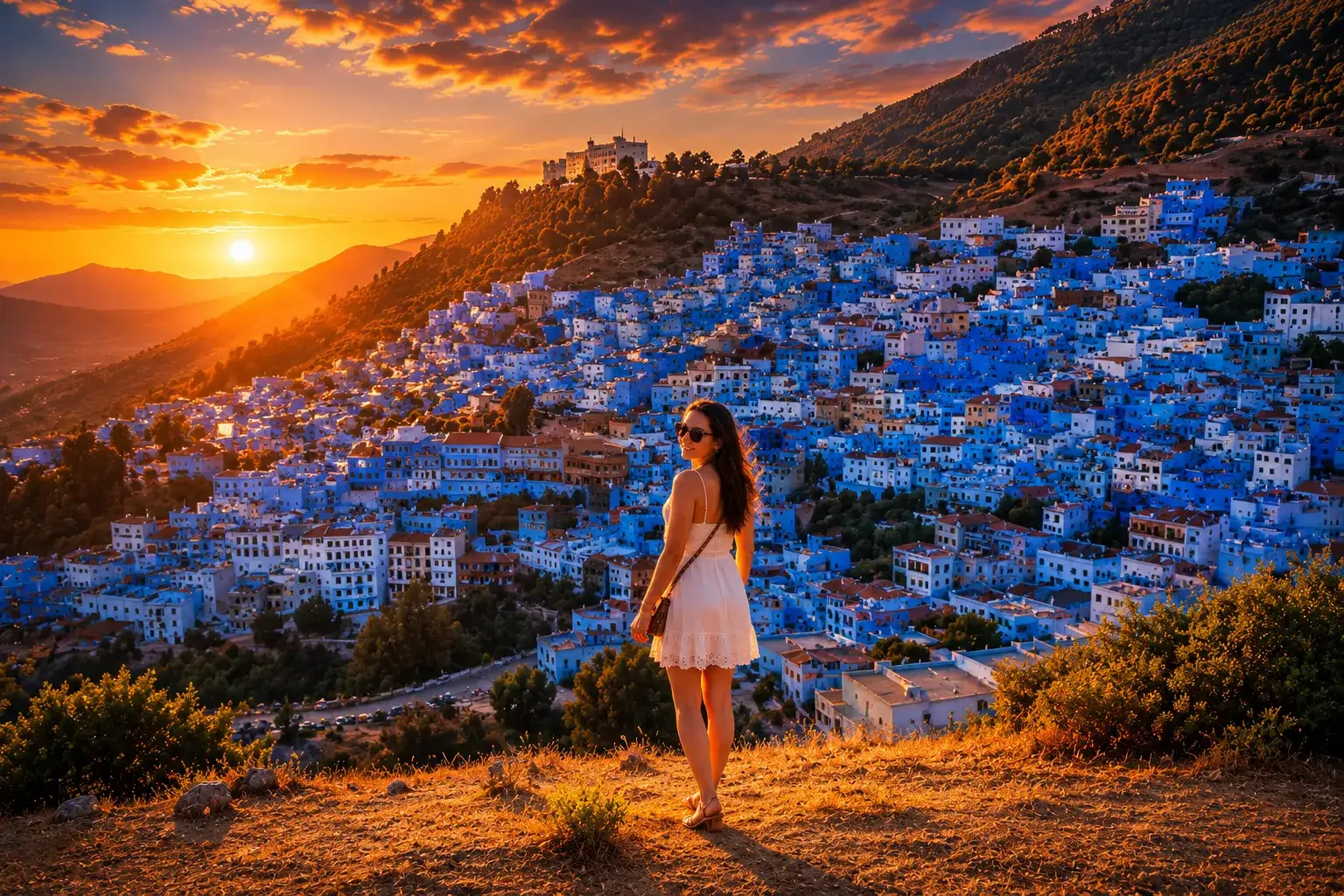 Chefchaouen Day Trip from Fes Chefchaouen Day Trip from Fes featuring panoramic views of Morocco's blue city at sunset