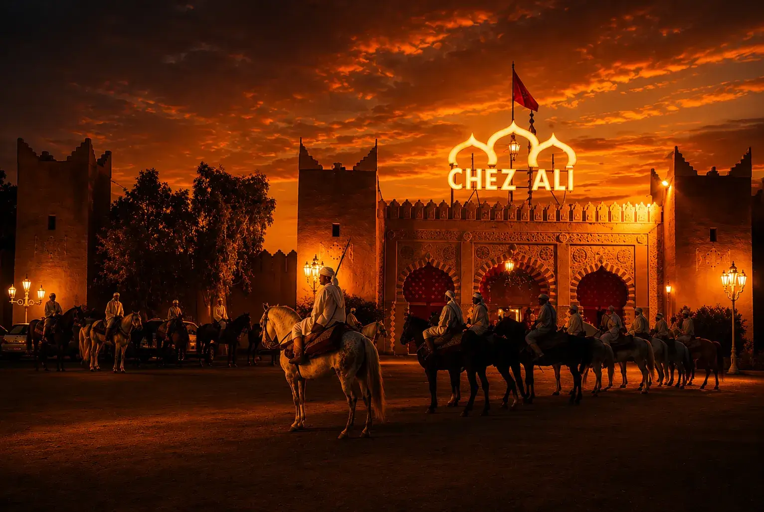 Chez Ali Dinner Show Marrakech Chez Ali Dinner Show in Marrakech with traditional horse riders and illuminated Moroccan architecture at sunset