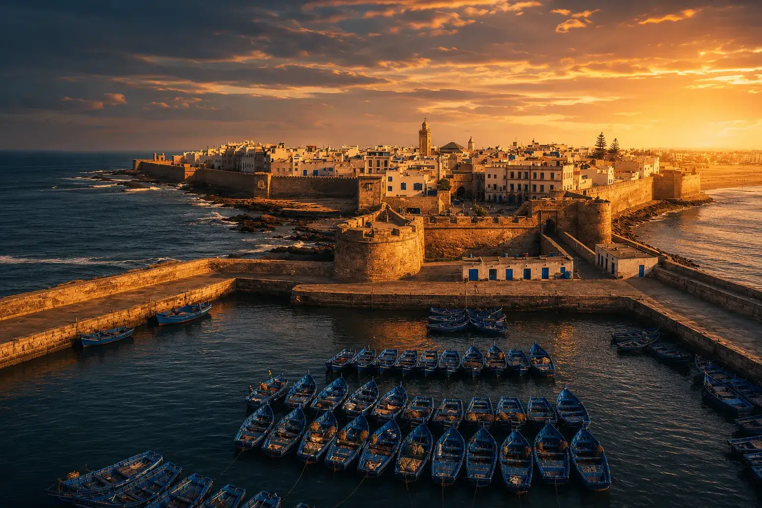 Essaouira Day Trip from Marrakech Essaouira Day Trip from Marrakech with the historic Medina and blue fishing boats at sunset
