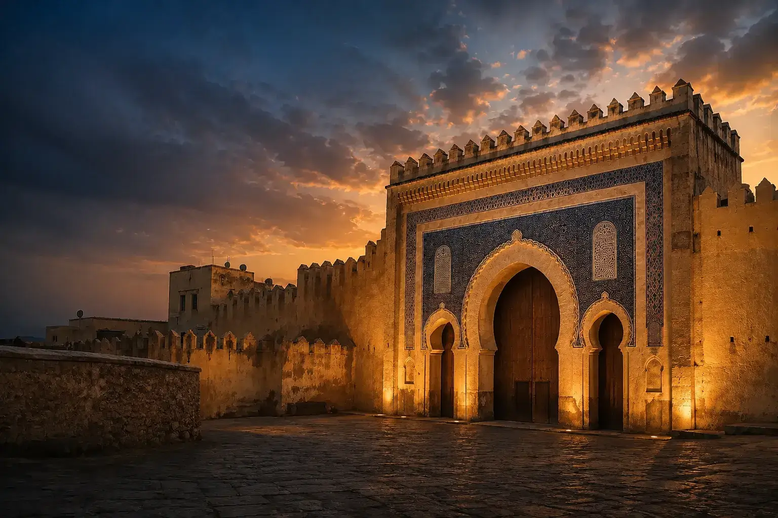 Tours from Fes category image featuring Bab Bou Jeloud gate at sunset